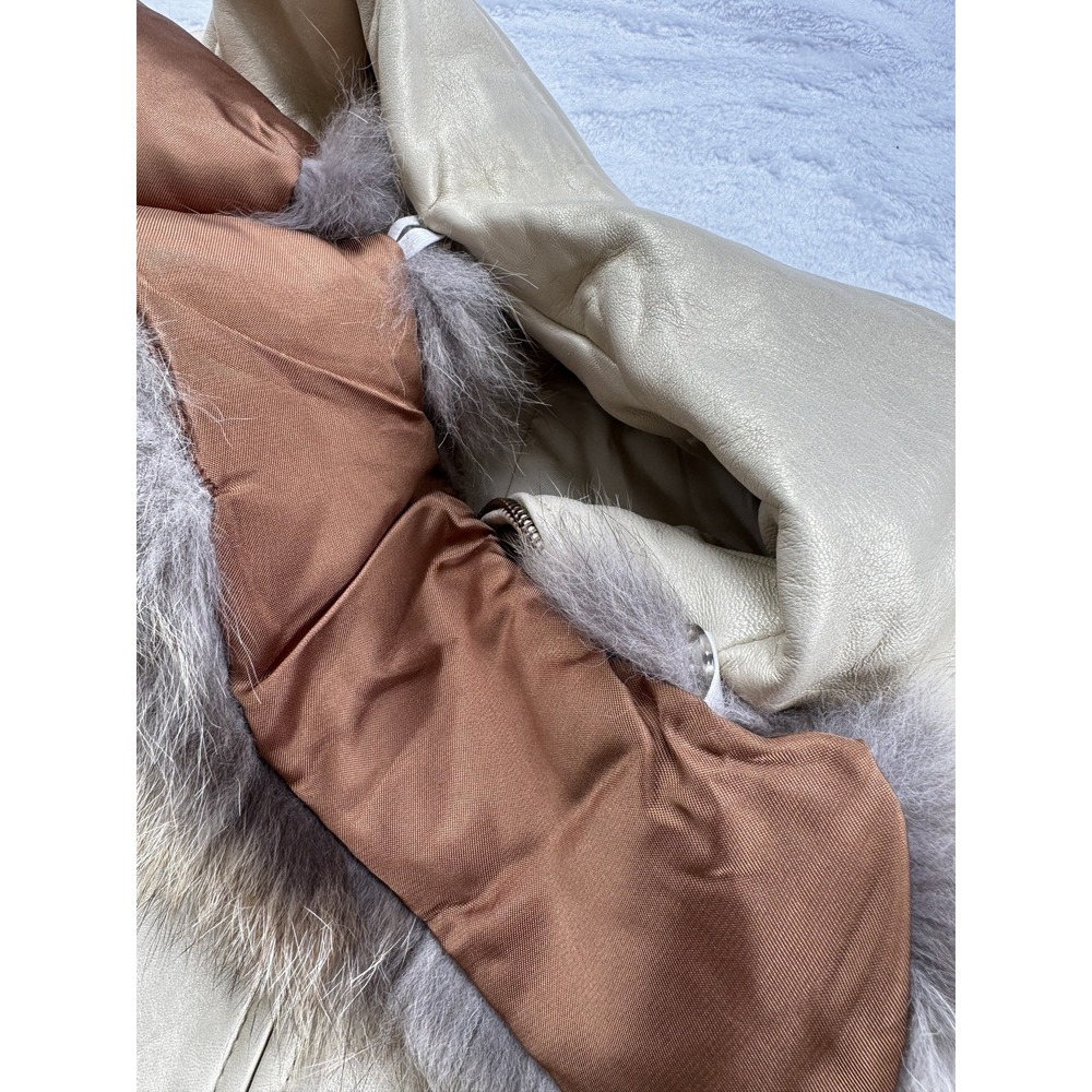 Vintage Cache Damselle Jacket Womens XS Beige Leather Fur Collar Belted USA 80s - Picture 10 of 12